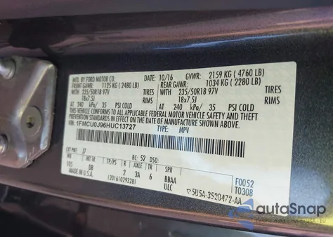 2017 Ford Escape Titanium z USA, uszkodzony, nr VIN 1FMCU0J96HUC13727